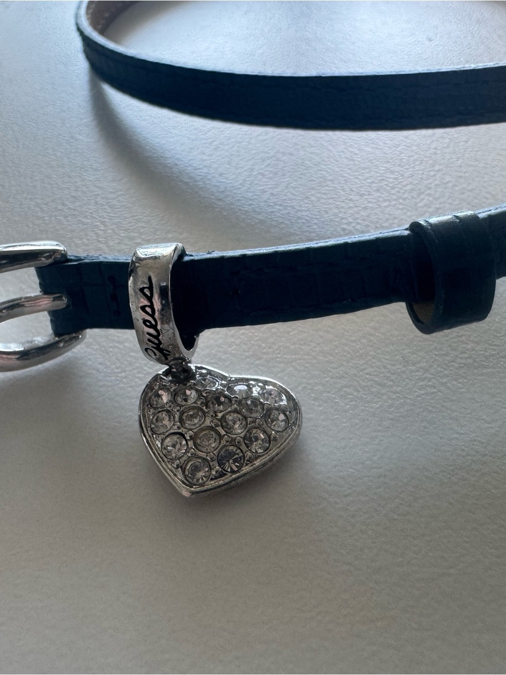 Blue Leather Charm Belt Bracelet with Crystal Heart Pendant
